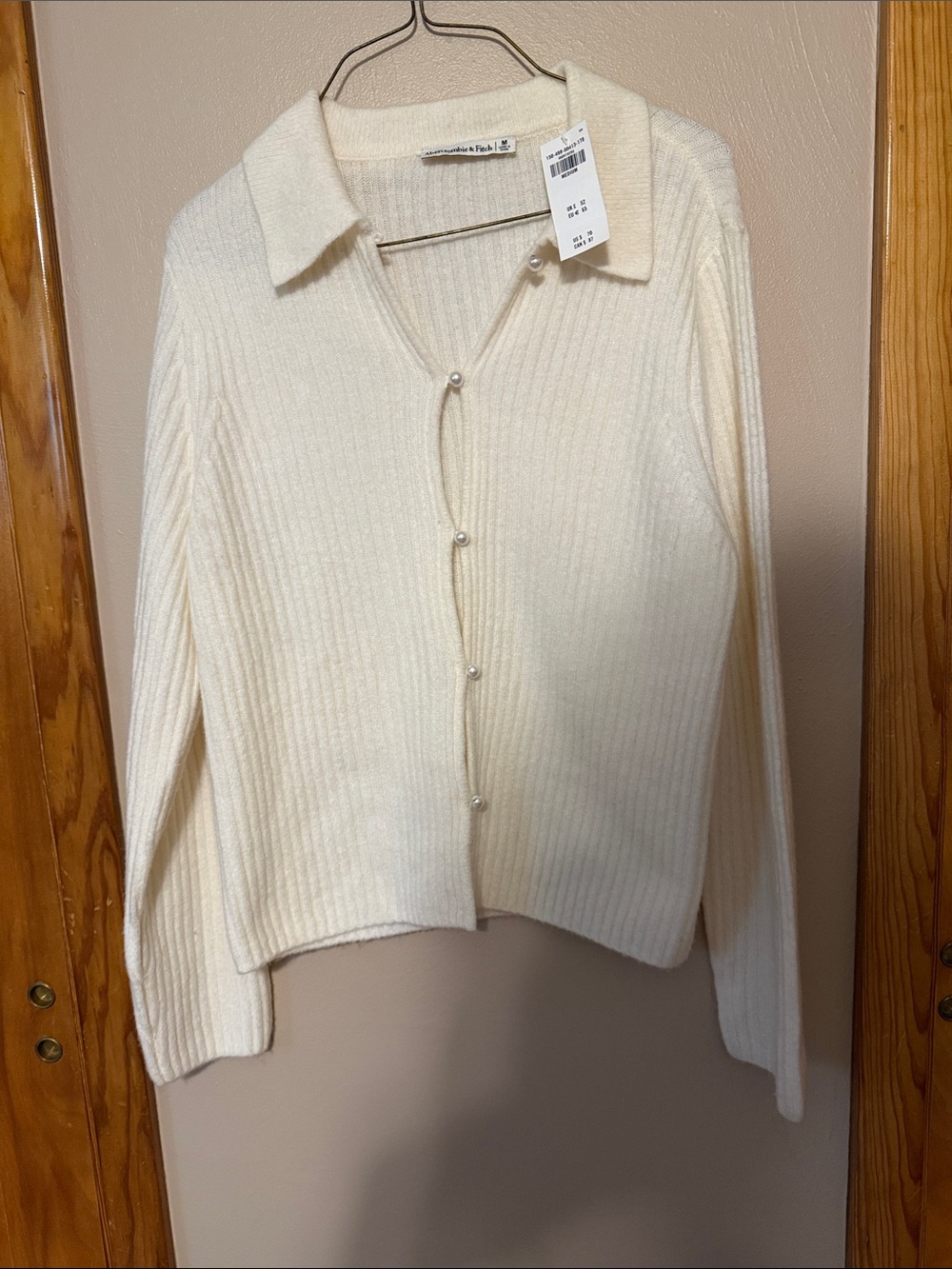 Abercrombie & Fitch Cream Ribbed Pearl-Button Cardigan
